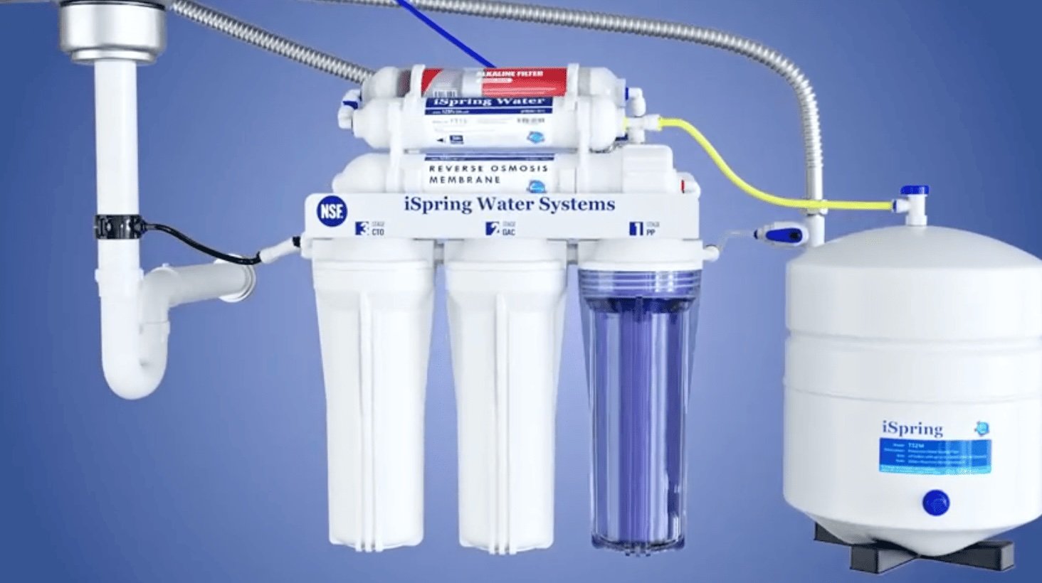 Osmoseur iSpring RCC7AK installé sous un évier : trois cartouches de préfiltration, membrane, cartouche alcaline et réservoir blanc