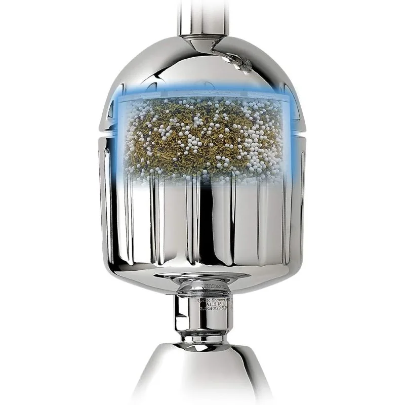 Vue en coupe d'un filtre de douche Sprite chromé montrant son média filtrant en granulés