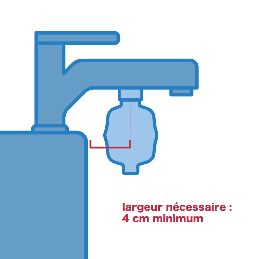 Schéma de pose d'un filtre de douche sous un mitigeur : 4 cm minimum entre le mur et le filtre