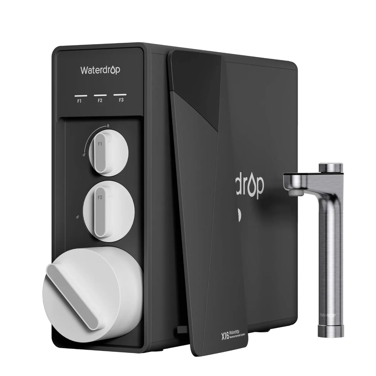 Boîtier de l'osmoseur Waterdrop X16 et ses cartouches de filtration