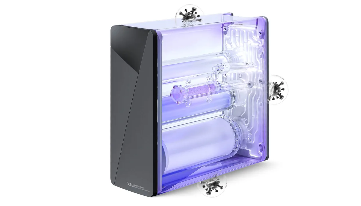 Vue en coupe des cartouches de filtration de l'osmoseur Waterdrop X16